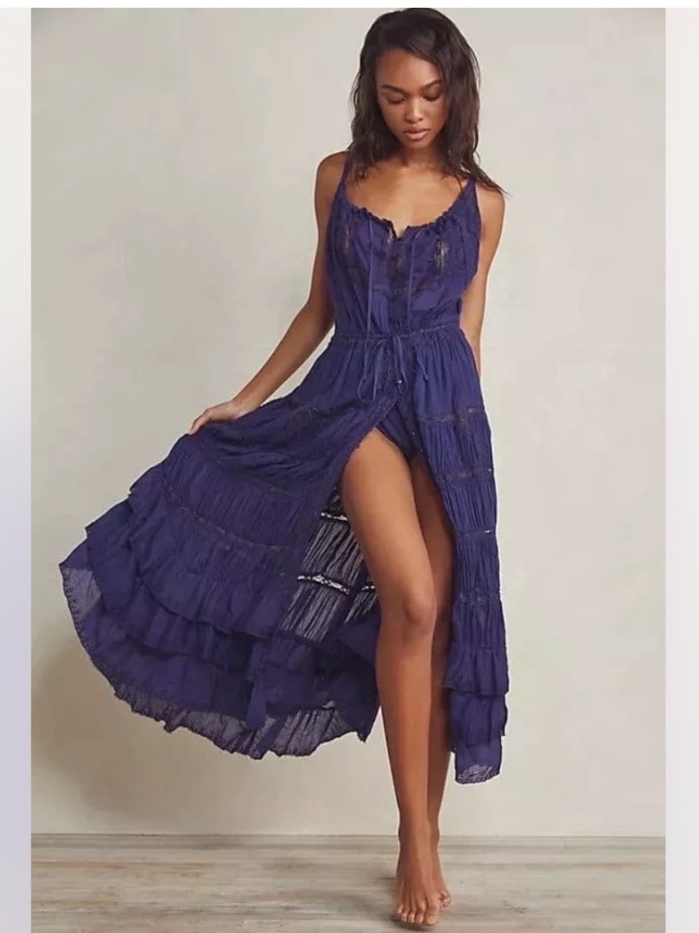 Free People Dolly Bodysuit Navy Size Medium Cottagecore Bohemian Lace Ruffle